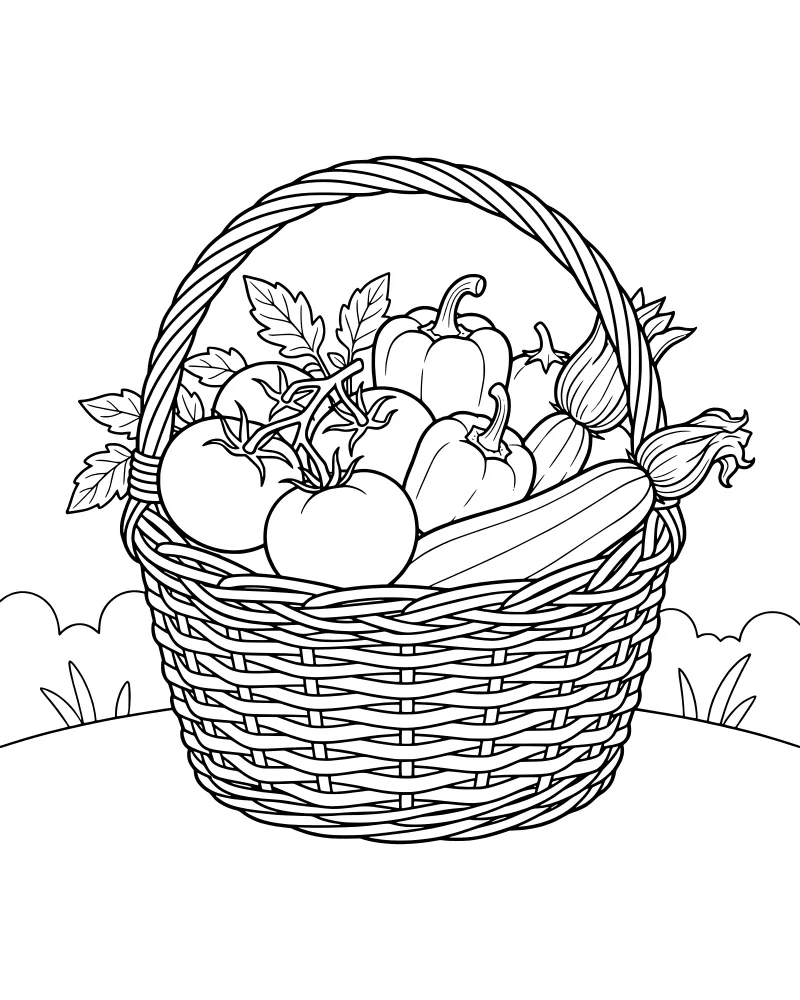 A cartoon wicker basket filled with tomatoes, bell peppers, a cucumber, and zucchini in a garden setting.