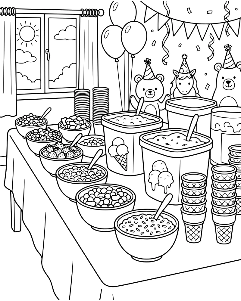 A festive dessert table with ice cream tubs, bowls of fruit, and animal characters wearing party hats.