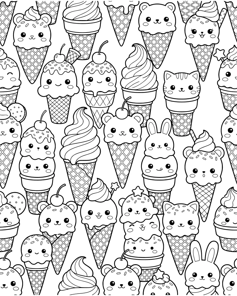 A whimsical pattern of kawaii ice cream cones with bear, cat, and bunny faces decorated with stars and cherries.