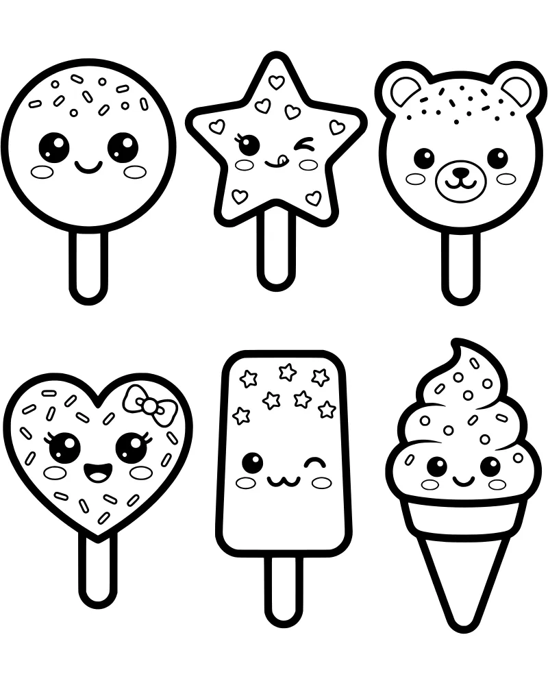 A collection of six kawaii frozen treats including a bear popsicle, heart popsicle, star popsicle, and an ice cream cone with smiling faces.