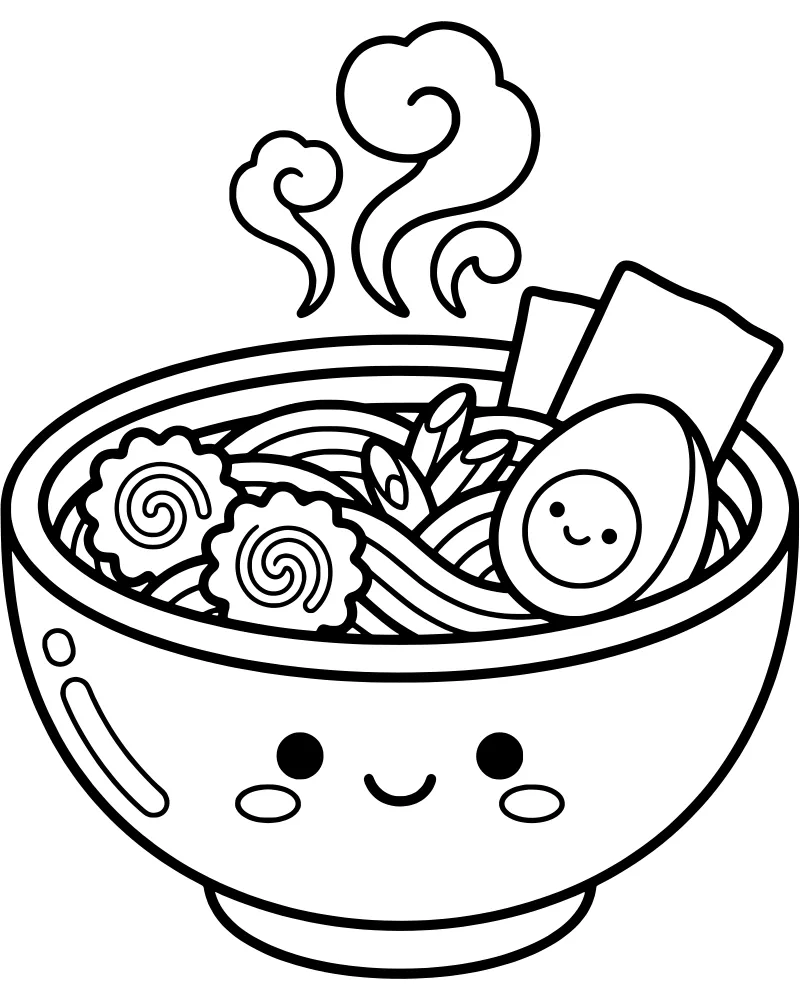 A cartoon bowl of steaming ramen with a cute smiling face, featuring noodles, an egg, and fish cakes.