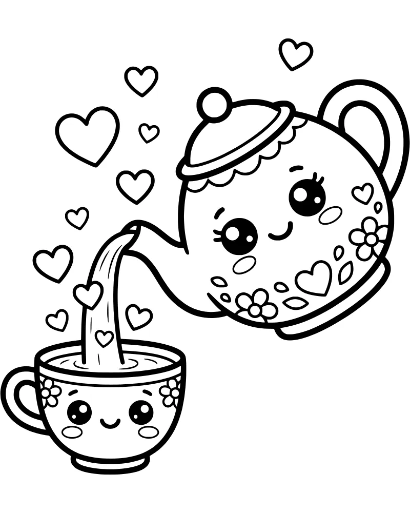 A cartoon teapot with a face pouring liquid and hearts into a small smiling cup surrounded by flowers.
