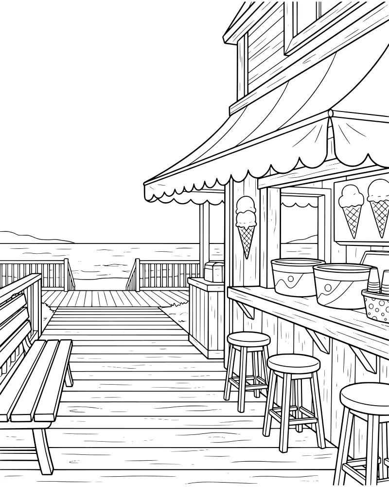 A cartoon ice cream stand on a wooden deck overlooking the ocean with stairs, stools, and hills in the distance.