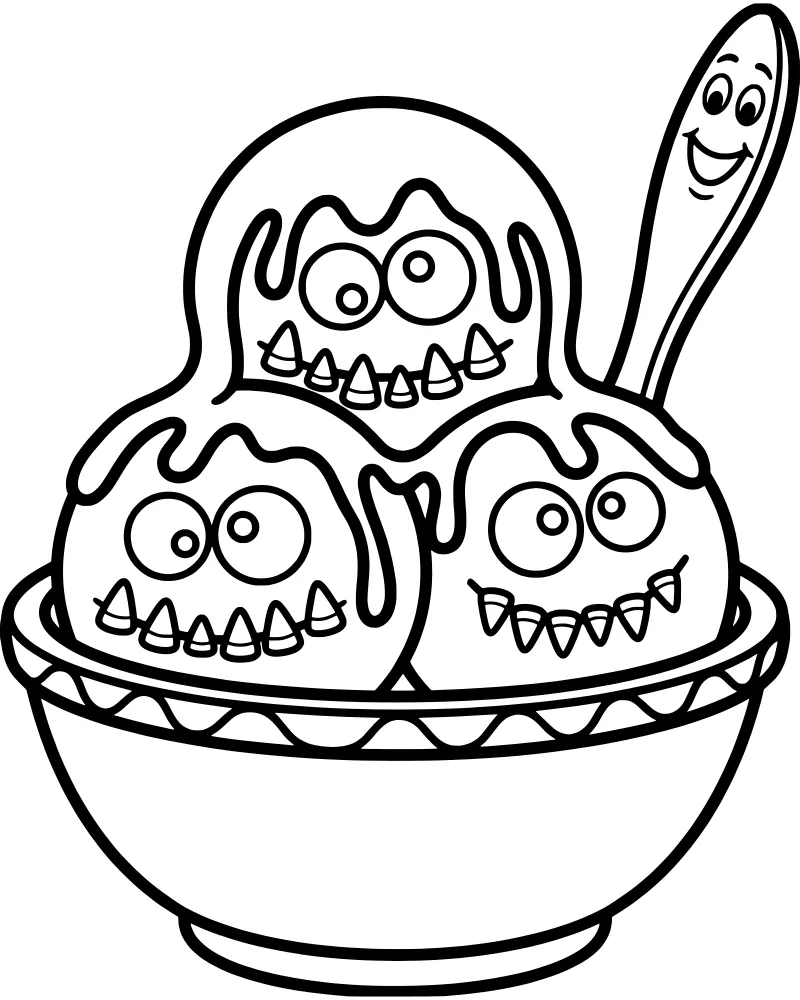 Cartoon ice cream bowl with three scoops having monster faces and a smiling spoon with syrup.