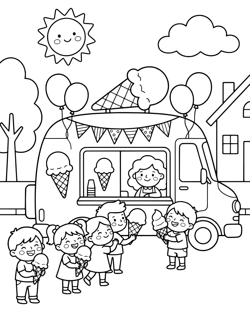 A cartoon ice cream truck parked on a street with children waiting in line, a smiling sun in the sky, and a house behind trees.