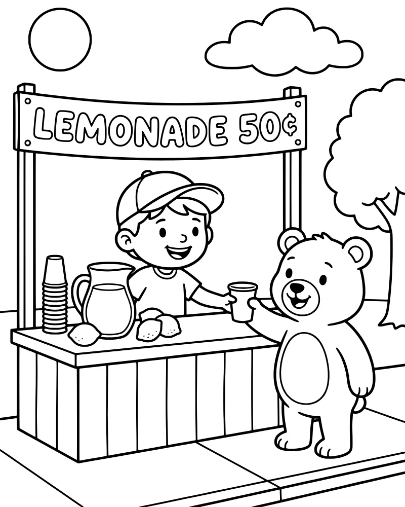 A cartoon boy in a baseball cap selling lemonade from a wooden stand to a large friendly bear under a bright sun.