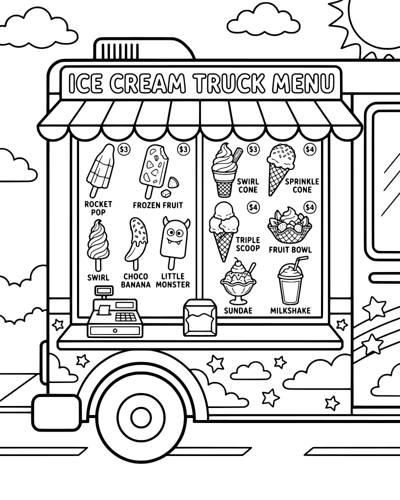 A cartoon ice cream truck with a menu showing various treats like popsicles, cones, and a sundae under a rainbow and sun.