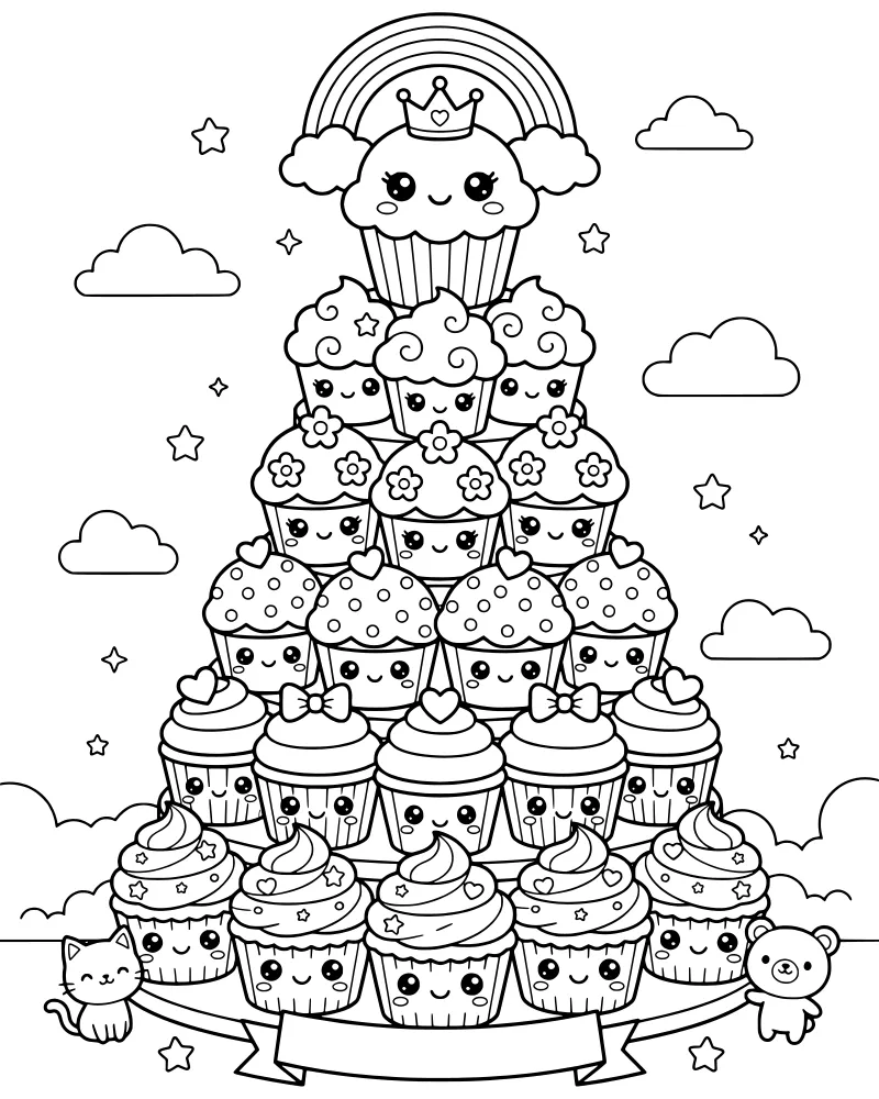 A whimsical tower of cupcakes with a crowned cupcake and rainbow at the top, featuring a cat and bear at the base.