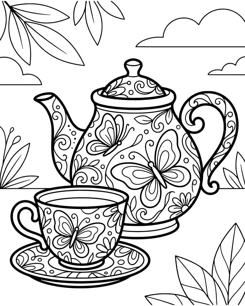 Ornate teapot and teacup decorated with flowers and butterflies surrounded by leaves and clouds.