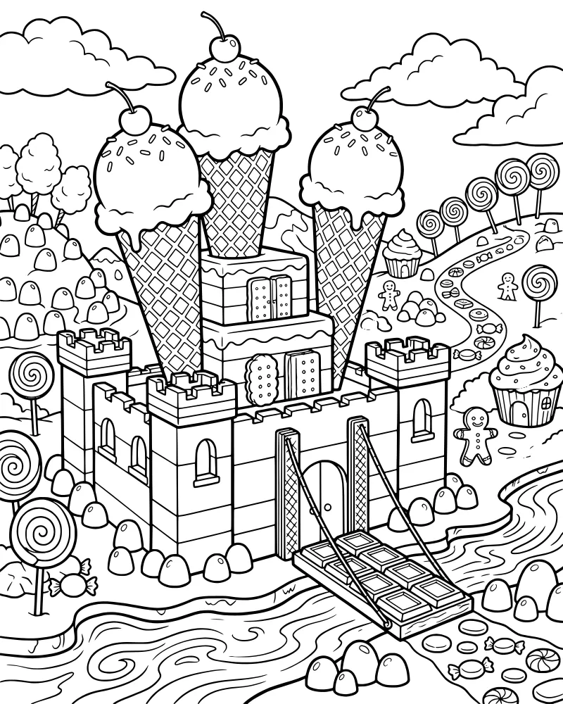 A cartoon candy land with an ice cream cone castle, chocolate bar drawbridge, lollipops, gingerbread men, and a candy path by a river.