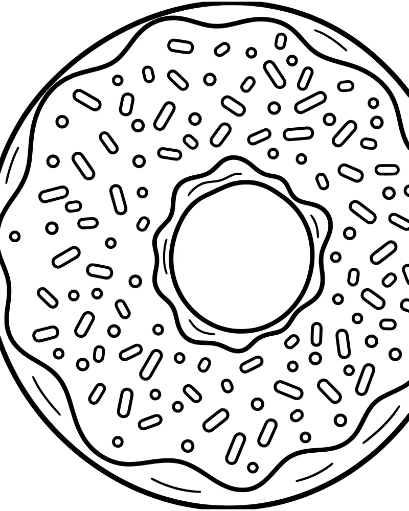 Cartoon illustration of a round donut topped with a thick layer of frosting and many small sprinkles.