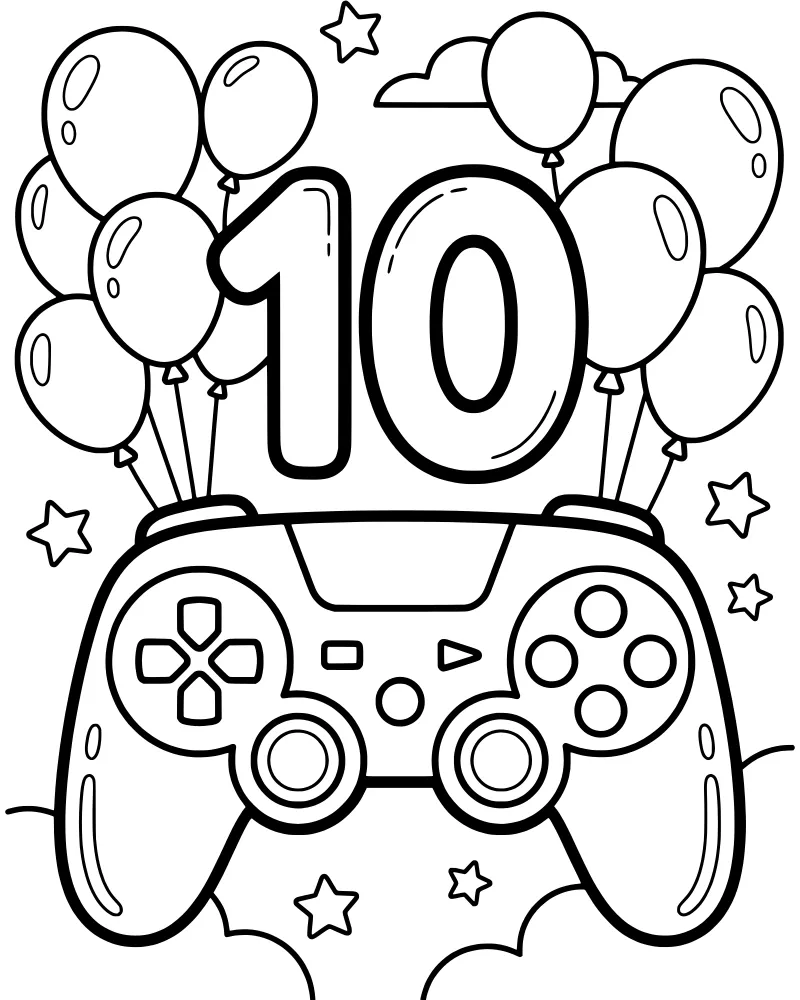 A cartoon video game controller in front of a large number ten surrounded by balloons, stars, and clouds.
