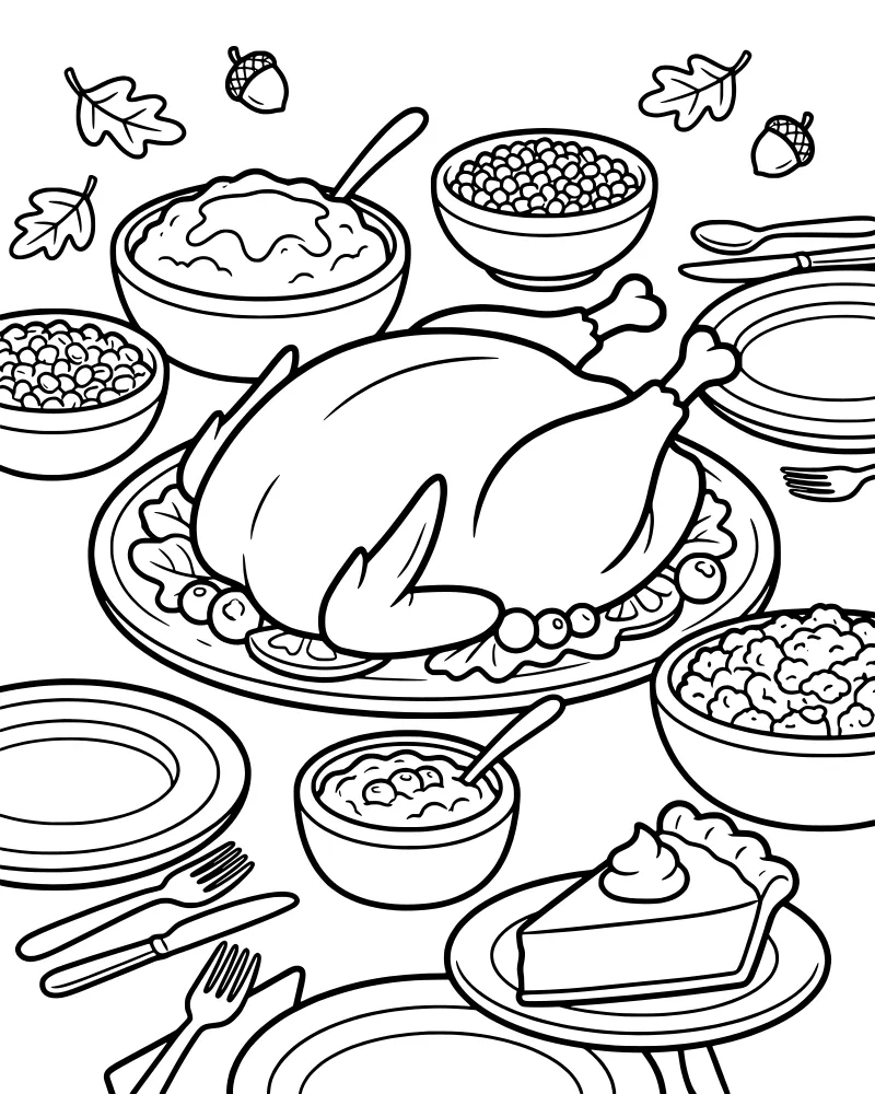 A cartoon illustration of a Thanksgiving dinner table with a roasted turkey, mashed potatoes, peas, stuffing, and a slice of pie.