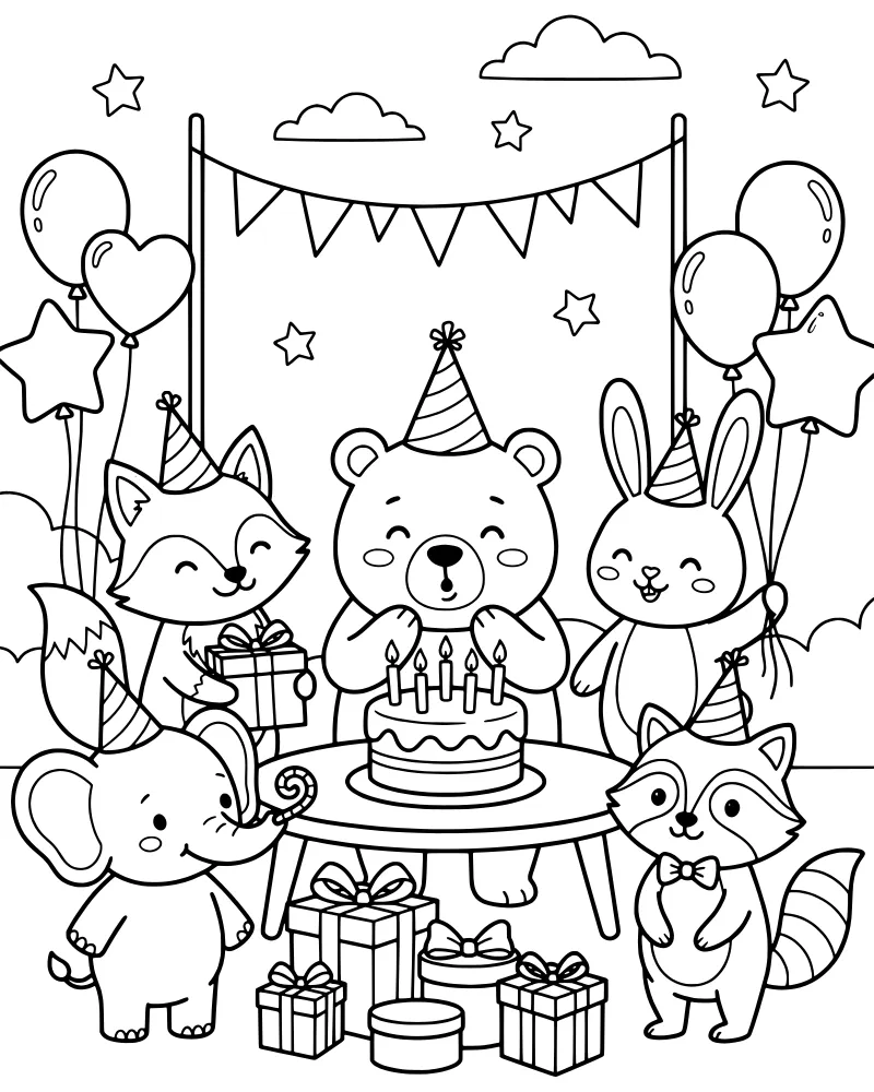 A cartoon bear, elephant, fox, rabbit, and raccoon celebrating a birthday with a cake, balloons, and gifts.