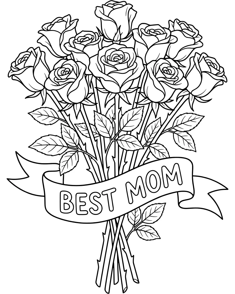 A cartoon bouquet of roses tied with a ribbon that says Best Mom, featuring detailed petals and leaves.