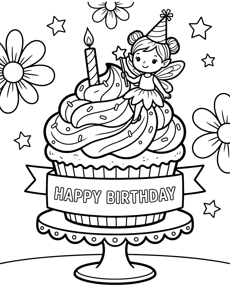 A whimsical fairy sitting on top of a giant birthday cupcake with a candle and a Happy Birthday banner.