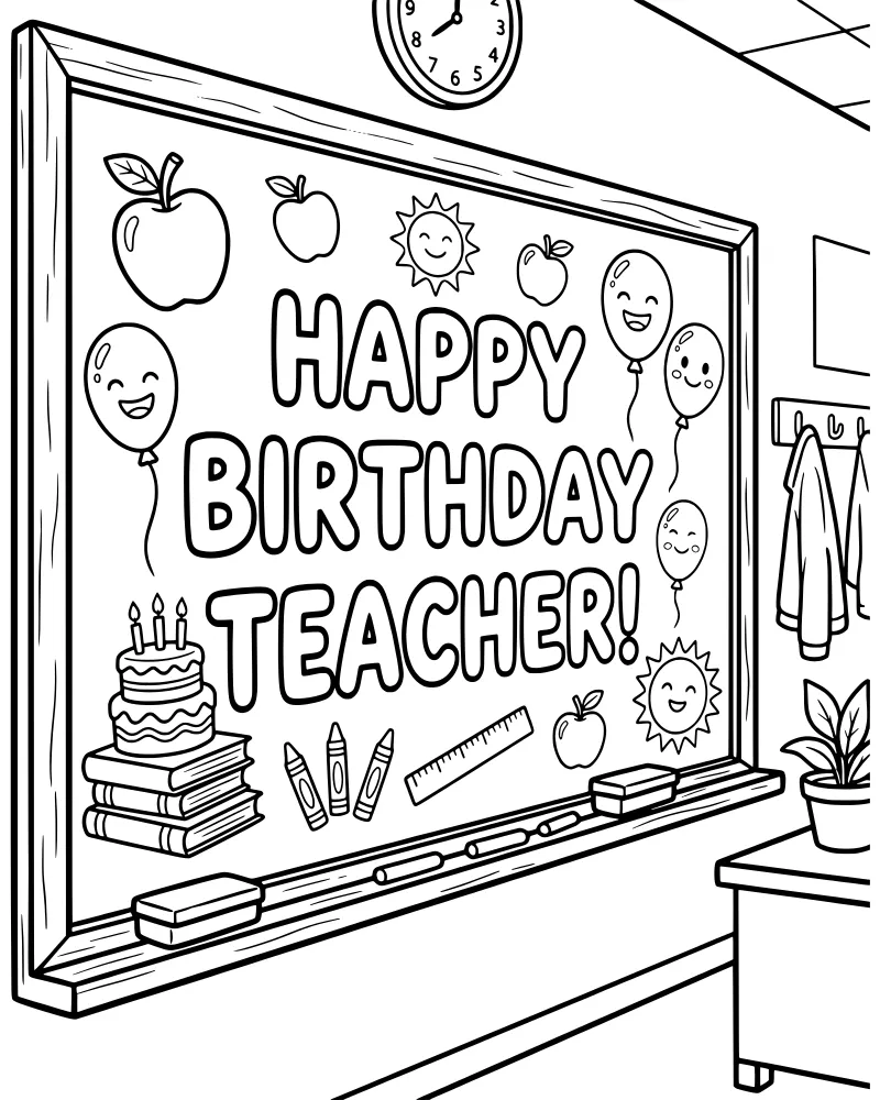 A cartoon classroom chalkboard with Happy Birthday Teacher text, a birthday cake, balloons, school supplies, and a clock.