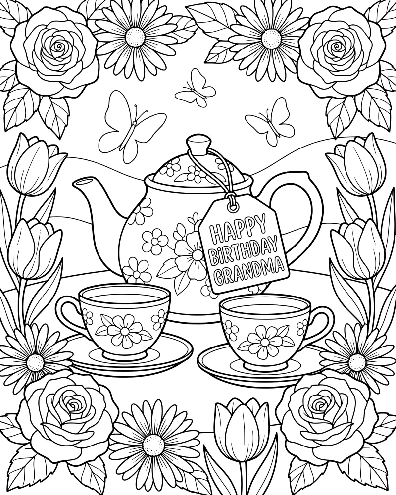 A cartoon teapot with a birthday tag and two tea cups surrounded by roses, daisies, tulips, and butterflies with hills in the distance.