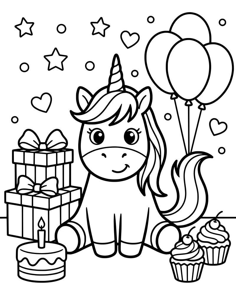 A cartoon unicorn sitting behind a birthday cake and gift boxes with balloons and cupcakes.
