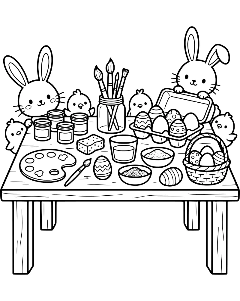 Two bunnies and four chicks decorating Easter eggs on a table filled with paint jars, brushes, and glitter.