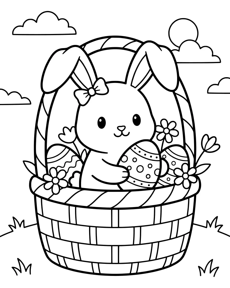 A cartoon bunny sitting inside an Easter basket filled with patterned eggs and flowers under a sunny sky.