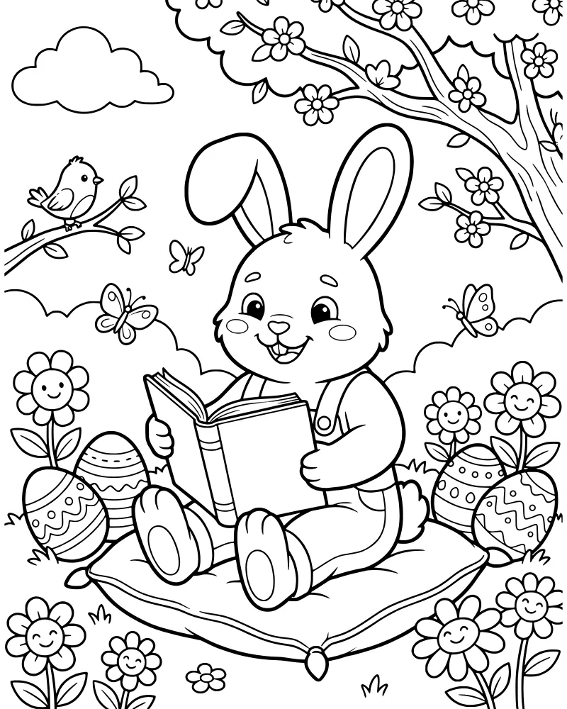 A cartoon bunny rabbit sitting on a pillow reading a book in a field with Easter eggs, flowers, and a bird on a tree branch.