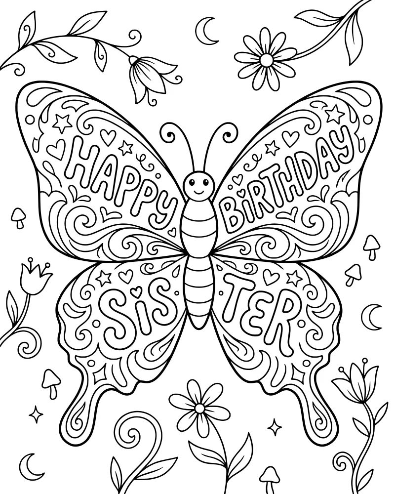 A cartoon butterfly with Happy Birthday Sister text on its wings surrounded by flowers, stars, and mushrooms.