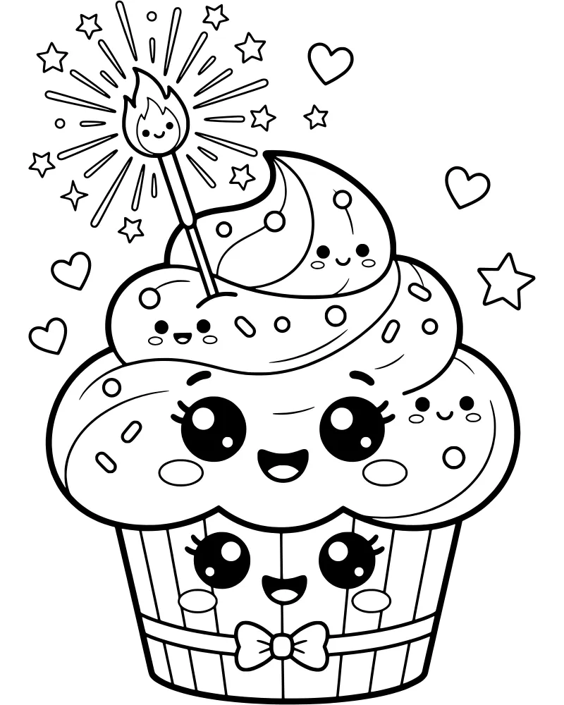 A cartoon cupcake with a smiling face and a bow tie, holding a lit sparkler and surrounded by floating stars and hearts.