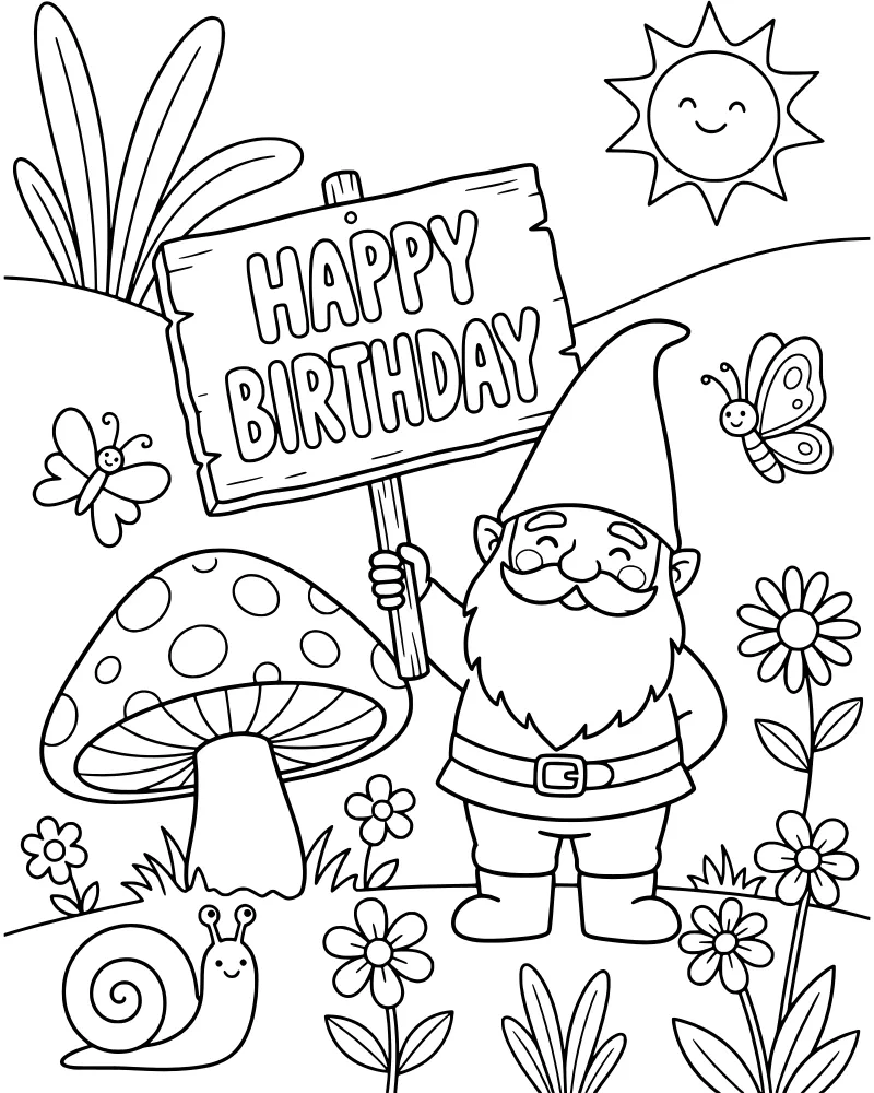 A cartoon gnome holding a Happy Birthday sign in a garden with a mushroom, flowers, butterflies, and a smiling sun.