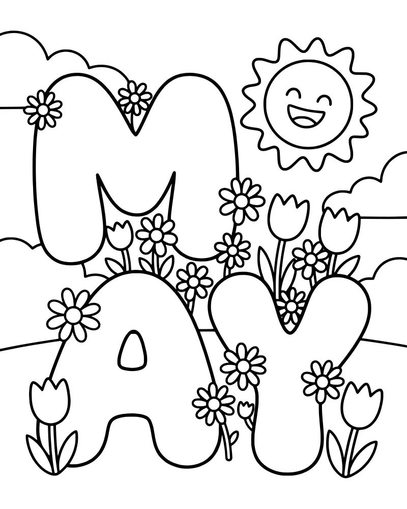Cartoon letters spelling May surrounded by a smiling sun and blooming tulips
