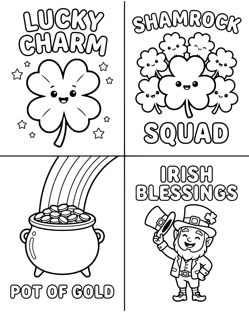 Four cartoon illustrations featuring a smiling clover, shamrock group, pot of gold with a rainbow, and a leprechaun tipping his hat.