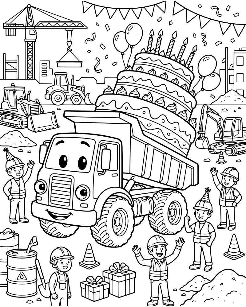 A cartoon construction site with a dump truck carrying a birthday cake, workers in party hats, and various construction vehicles.