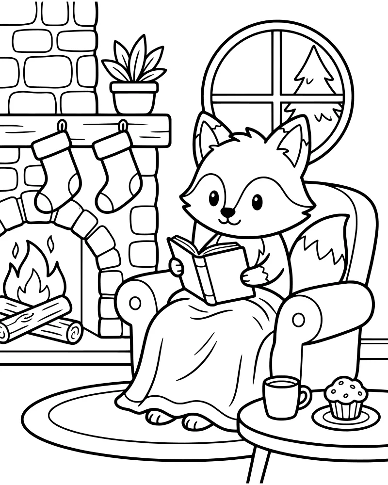 A cartoon fox sitting in an armchair reading a book by a fireplace with Christmas stockings and a window view of a snowy tree.