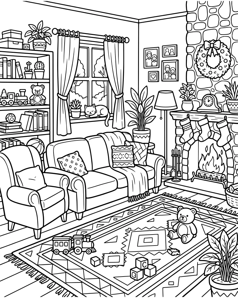 A cartoon living room decorated for Christmas with a fireplace, stockings, toys on a rug, and a cat in the window.