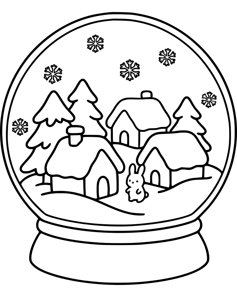 A cartoon snow globe containing a small village with snow-covered houses, pine trees, a rabbit, and falling snowflakes.