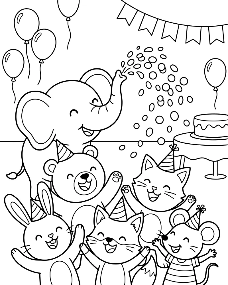 Cartoon animals including an elephant, bear, and rabbit wearing party hats and celebrating around a birthday cake with balloons and confetti.