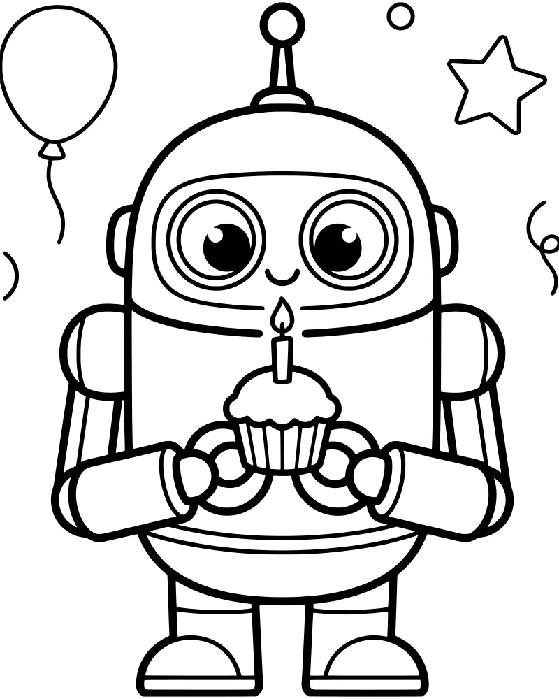 A cute cartoon robot holding a cupcake with a lit candle, surrounded by a balloon, a star, and confetti.