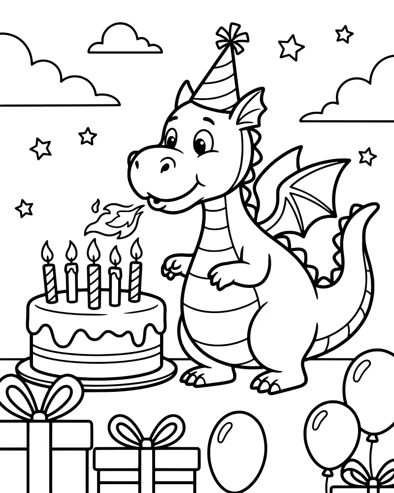 A cute cartoon dragon wearing a party hat blowing out candles on a birthday cake surrounded by balloons and gifts in a starry sky.