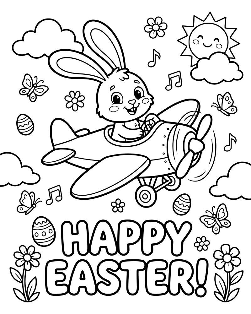 A cartoon bunny rabbit flying a small airplane through a sunny sky with Easter eggs, butterflies, and musical notes.