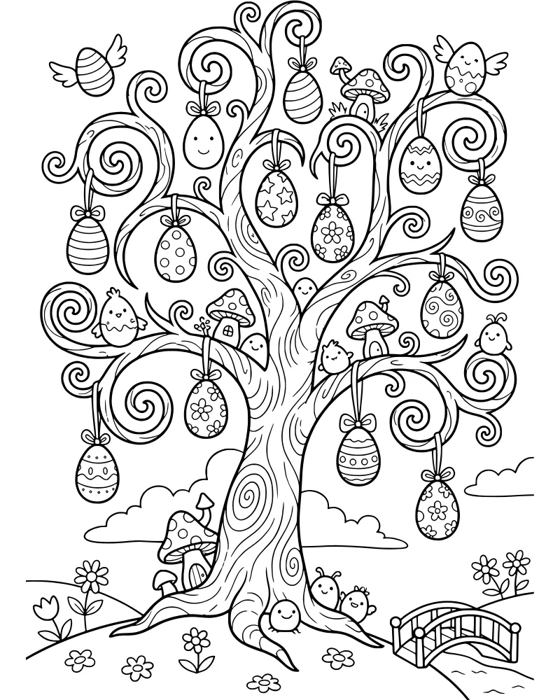 A whimsical cartoon tree with decorated Easter eggs hanging from branches, small chicks perched on limbs, and mushroom houses at the base near a river bridge.