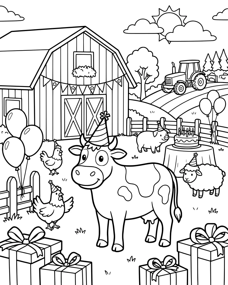 A cartoon cow, pig, and sheep celebrate a birthday with a cake, tractor, and barn in a sunny farmyard.