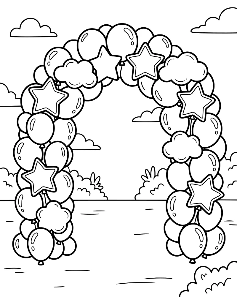 A cartoon balloon arch decorated with stars and clouds set against an outdoor background with bushes and a horizon line.
