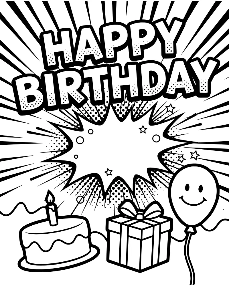 A cartoon birthday scene with a cake, a gift box with a ribbon, a balloon, and bold Happy Birthday text against a comic explosion background.
