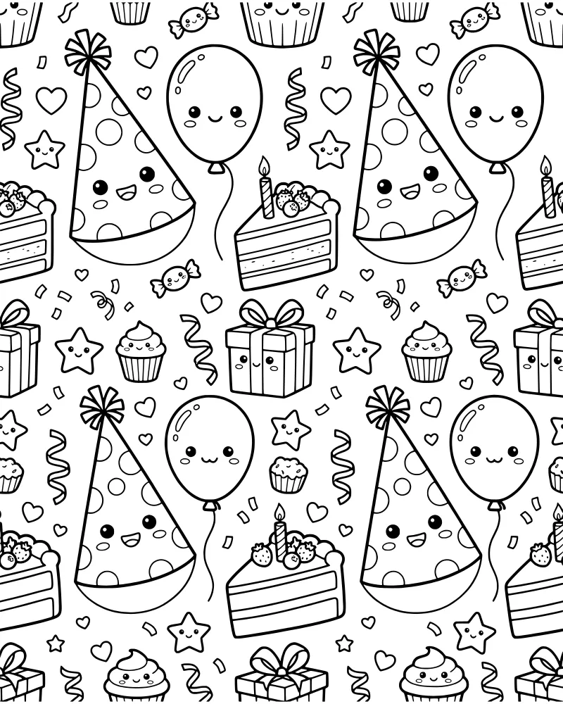 A cartoon illustration of birthday party items including cake, balloons, gift boxes, cupcakes, and party hats with confetti.
