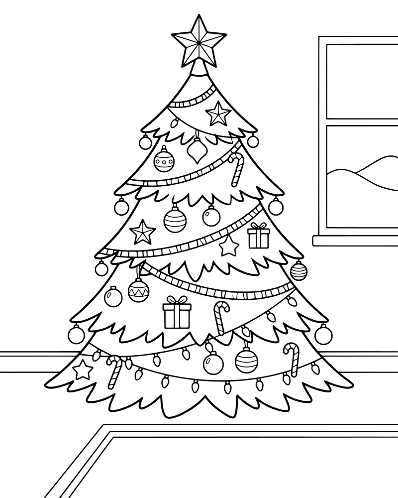 A cartoon Christmas tree decorated with ornaments, candy canes, and a star topper next to a window showing a snowy winter scene.