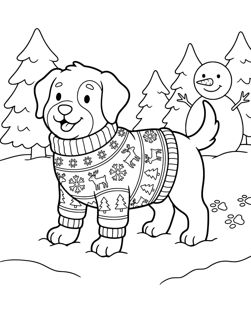 A cartoon dog wearing a patterned sweater with reindeer standing in the snow next to a snowman and pine trees.