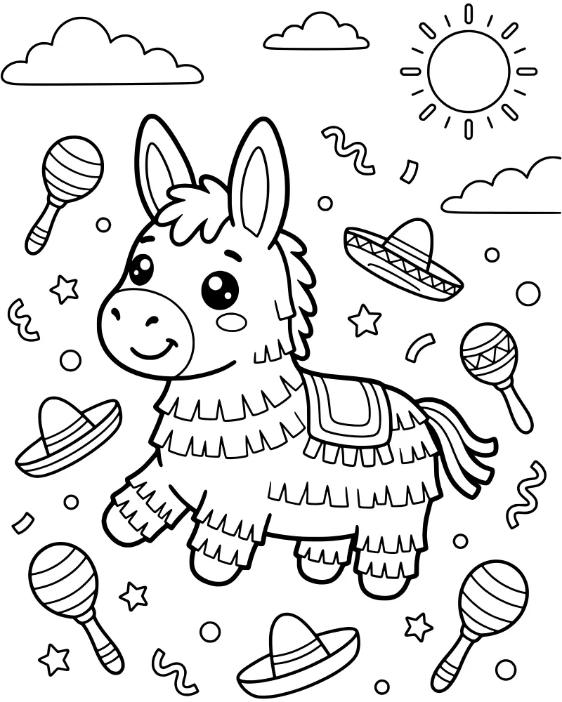 A cartoon donkey piñata surrounded by sombreros, maracas, confetti, and a smiling sun in the sky.