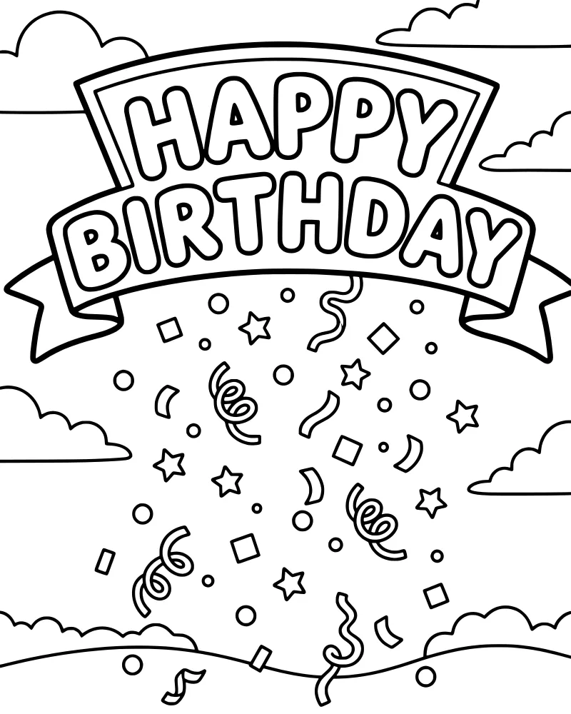 A cartoon birthday scene featuring a banner that says Happy Birthday with falling streamers, stars, and confetti over rolling hills and clouds.
