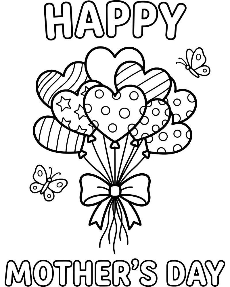 A Mother's Day scene with heart-shaped balloons featuring stars, stripes, and dots patterns, tied with a bow and surrounded by butterflies.