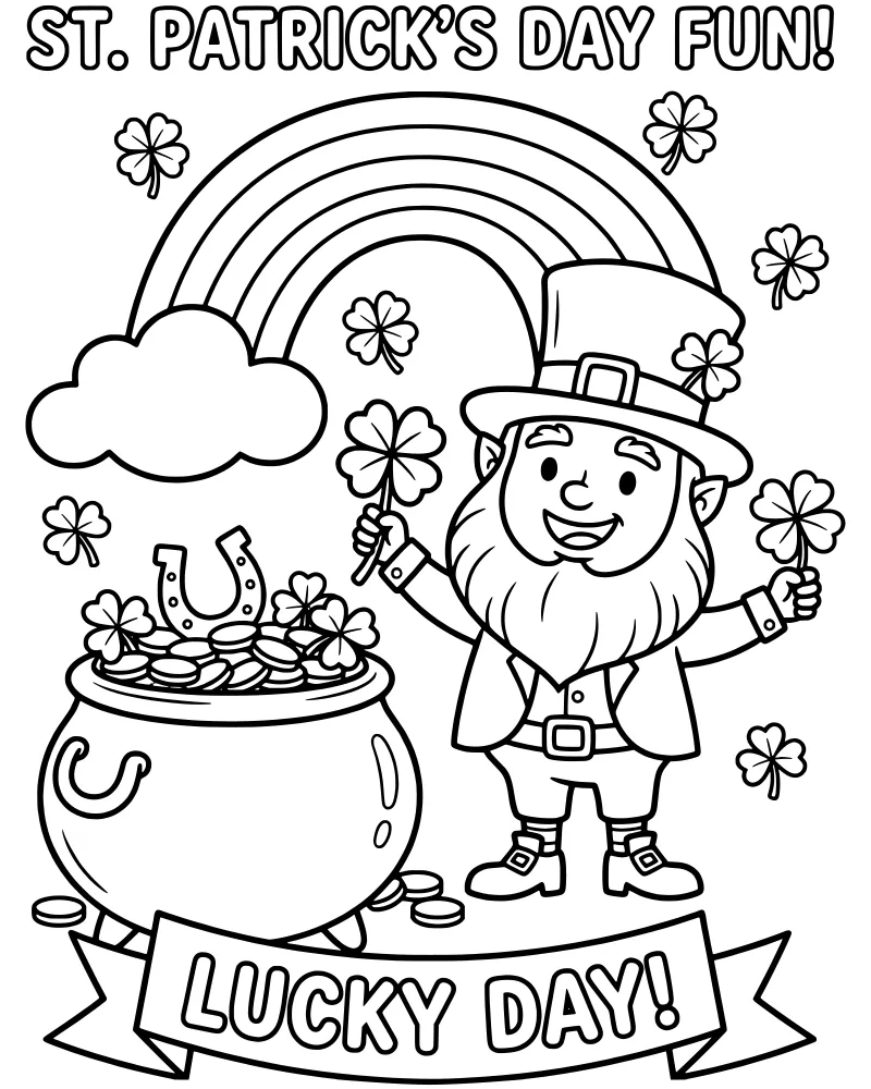 Cartoon leprechaun holding shamrocks next to a pot of gold coins under a rainbow with festive banners.